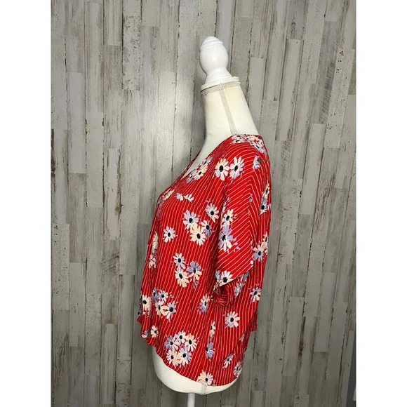 Madewell Women's Large Floral Cropped Blouse Red V-Neck Short Sleeve - Picture 4 of 5